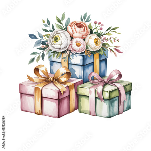 Three beautifully wrapped gift boxes are adorned with elegant ribbons and topped with a vibrant bouquet of flowers
