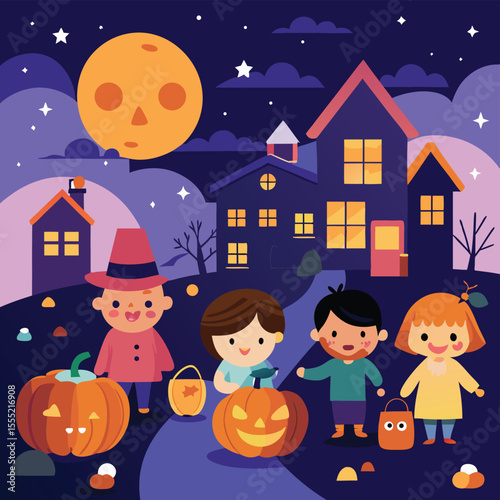 Vector art of children trick or treating on halloween night in a spooky town