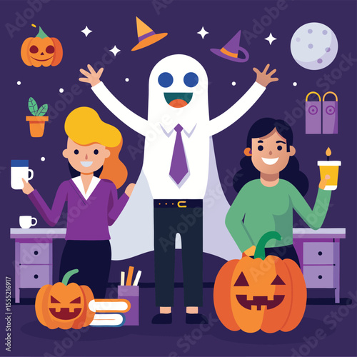 Vector art of coworkers celebrate halloween in the office with a ghost costume