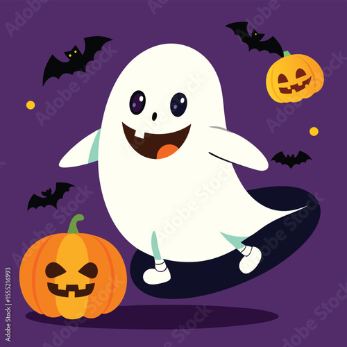 Vector art of a cute ghost flies on a skateboard with pumpkins and bats