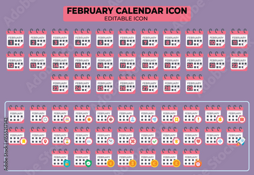 Collection of February calendar icon templates for planning, reminders, and date-related designs in a versatile set