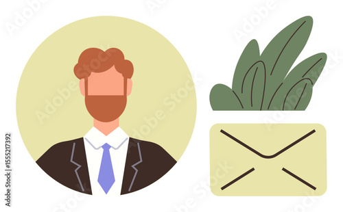 Portrait of a bearded man in a suit and tie, envelope symbol, and green leaves. Ideal for business correspondence, job applications, professional networking, communication, recruitment, career
