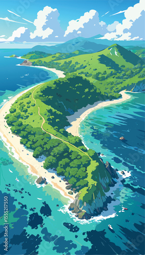 Tropical Island Landscape with Rainbow and Blue Ocean. Vector Illustration