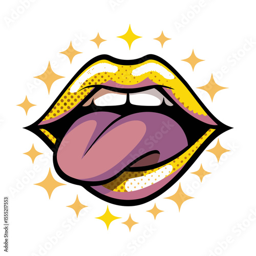 Playful lips with tongue out and sparkles in comic book style, pop art, isolated vector image on transparent background  