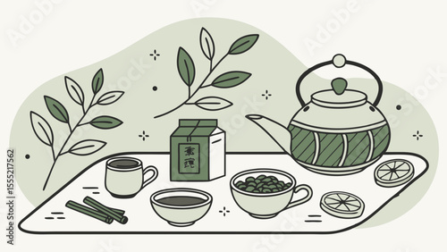 Tranquil Tea Ceremony Kettle Cups and Loose Leaf Tea on Tray.