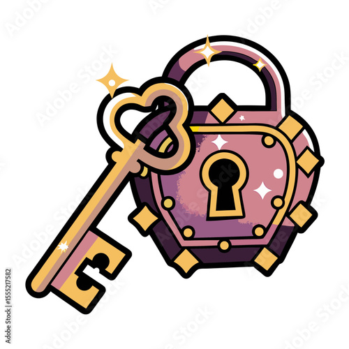 Cartoon lock and key illustration in comic book style, pop art , isolated vector image on transparent background 