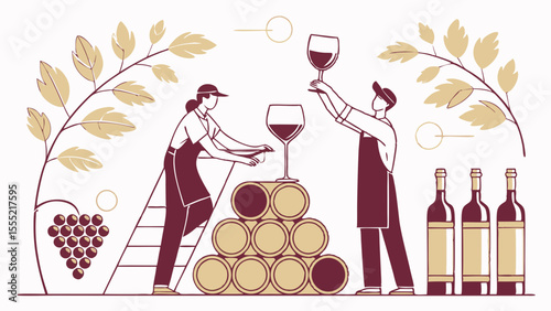 Winemaking Illustration Two Workers with Grapes Barrels and Wine Glasses.