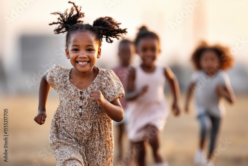 African Child Leads Friends Running Outdoors Toward Camera Smiling