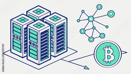 Bitcoin Cryptocurrency Mining Data Center Servers Network Illustration.