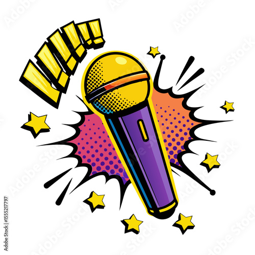 Colorful microphone illustration in pop art style with comic effects, isolated vector image on transparent background  