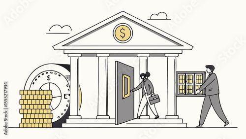 People entering bank with money time and safety deposit boxes.