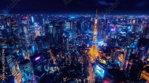 Wallpaper Mural Futuristic neon cityscape glowing at night with skyscrapers and lights seamless looping 4k time-lapse animation video background. Urban concept Torontodigital.ca