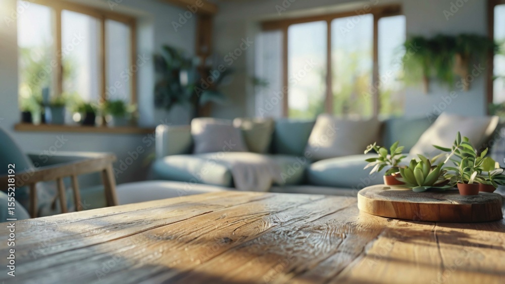 Empty wooden table with blurred living room background. Bokeh effect, sofa, natural light, perfect for product mockup, cozy modern interior, no people. Empty wooden table with blurred living room background. Bokeh effect, sofa, natural light, perfect for product mockup, cozy modern interior, no people.