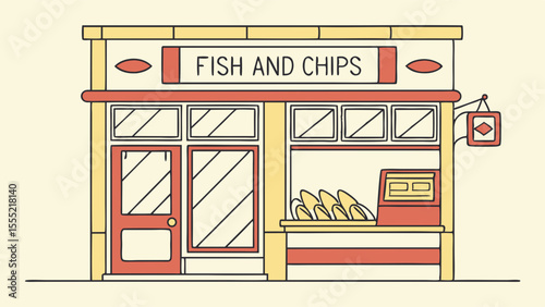 Colorful Fish and Chips Shop Facade Drawing.