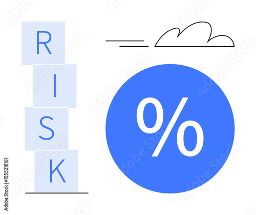 Stacked blocks spelling RISK next to a large blue percentage symbol and abstract lines. Ideal for finance, investment analysis, risk management, business strategy, decision-making, uncertainty