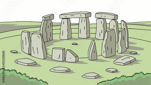 Cartoon illustration of Stonehenge on a green field.