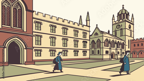 Students Walking Through Historic College Quadrangle.