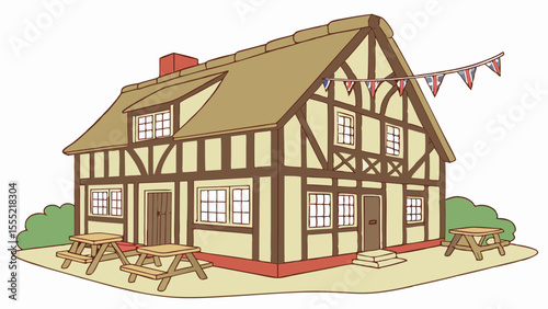 Charming HalfTimbered House with Picnic Tables.