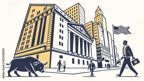 New York City Financial District with Bull Market.