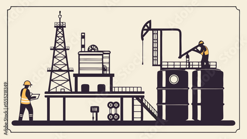 Oil Rig Platform with Workers and Equipment.