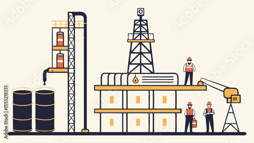 Oil Refinery Illustration Depicting Extraction Processing and Personnel.