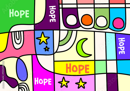 This is a vibrant and abstract illustration featuring the word "HOPE" integrated into a dynamic, segmented background. 