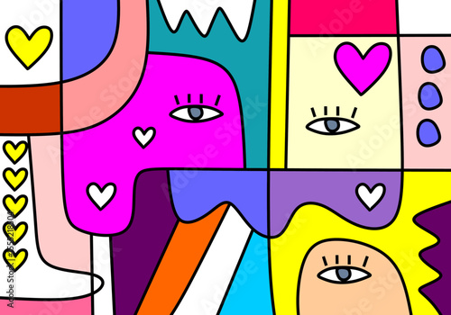  illustration characterized by bold black outlines segmenting the canvas into various geometric and organic shapes.
