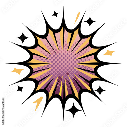 Comic book style explosion burst graphic in vibrant colors, isolated vector image on transparent background  