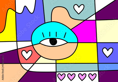  illustration characterized by bold black outlines segmenting the canvas into various geometric and organic shapes.