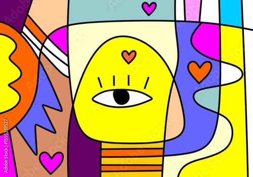  illustration characterized by bold black outlines segmenting the canvas into various geometric and organic shapes.