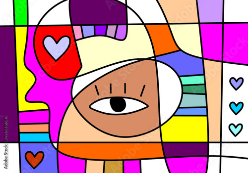  illustration characterized by bold black outlines segmenting the canvas into various geometric and organic shapes.