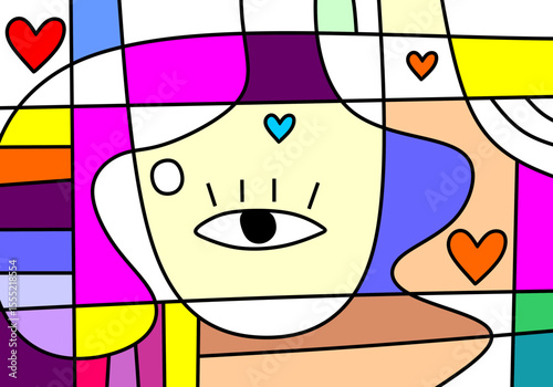  illustration characterized by bold black outlines segmenting the canvas into various geometric and organic shapes.