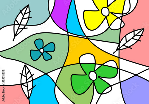  abstract digital illustration featuring a dynamic composition of stylized flowers and leaves.