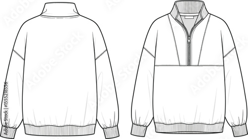 Quarter zip sweatshirt front and back view, ribbed cuffs and hem, high collar pullover design, casual outerwear sketch, cad drawing flat vector illustration