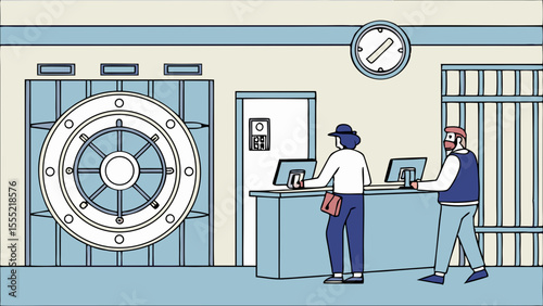 Cartoon Illustration of Bank Interior with Two Employees and Vault.