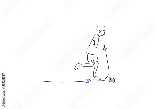 Minimalist one line drawing illustration of a child riding a kick scooter.