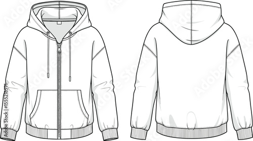 Zipper hoodie sweatshirt front and back flat sketch, ribbed cuff and hem detail, drawstring hood jacket design, cad drawing flat vector illustration