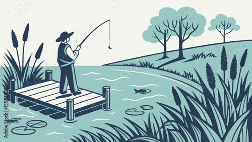 Fisherman on a dock casting a line into a lake illustration.