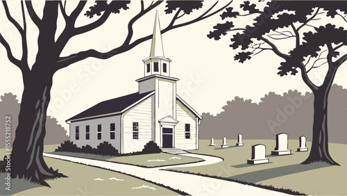 Illustrated Country Church with Cemetery and Trees on a Cloudy Day.