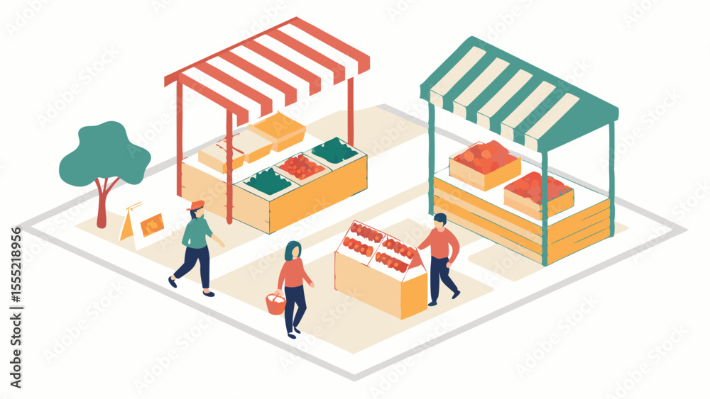 Isometric view of people at a farmers market with produce stands. Isometric view of people at a farmers market with produce stands.