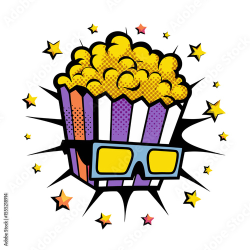 Popcorn in 3D glasses with comic book style and pop art design, isolated vector image on transparent background  