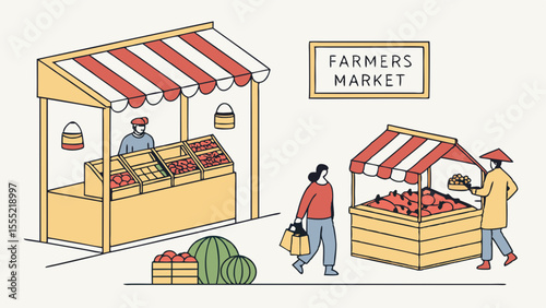 Colorful Illustration of a Farmers Market with Vendors and Customers.