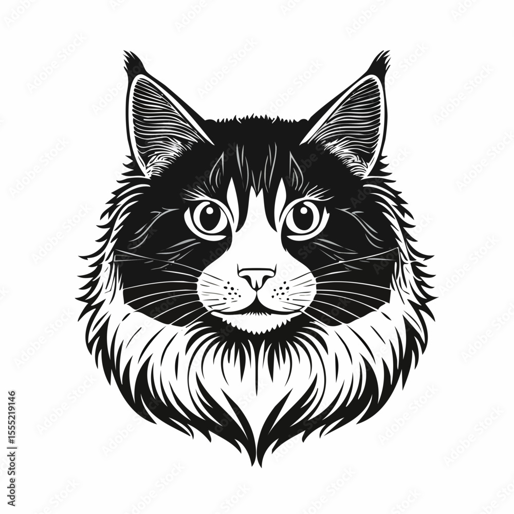 Fototapeta premium Black and white Norwegian Forest Cat Vector Image isolated on white background.