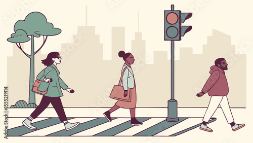 Diverse People Walking City Crosswalk Illustration.
