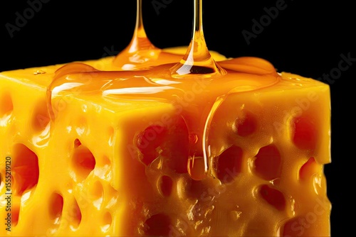 Close-up of juicy mango cube with golden nectar slowly dripping, hyper-realistic texture, dark background for dramatic contrast
