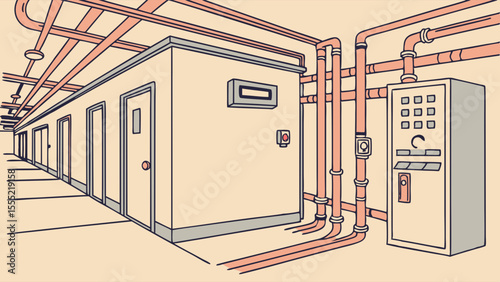 Industrial Interior with Pipes Doors and Electrical Box Illustration.
