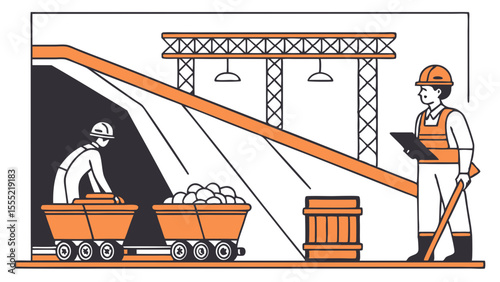 Mine Workers Loading Ore into Mine Carts.