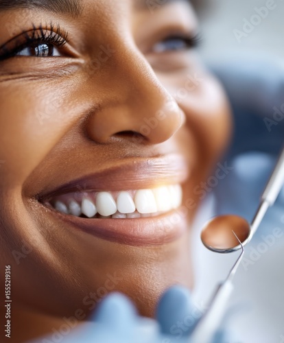 Close up of African woman's smile during dental exam with tools
