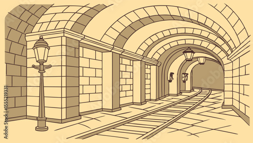 Vintage Underground Tunnel with Stone Walls and Rail Tracks.
