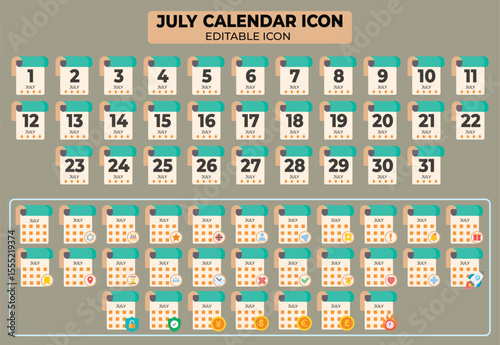 Editable July calendar icon set with day numbers and various symbols, ideal for graphic design and planning